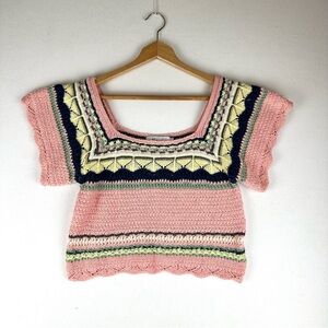 Miracle Crochet Short Sleeve Sweater Cropped Square Neck Boho Festival